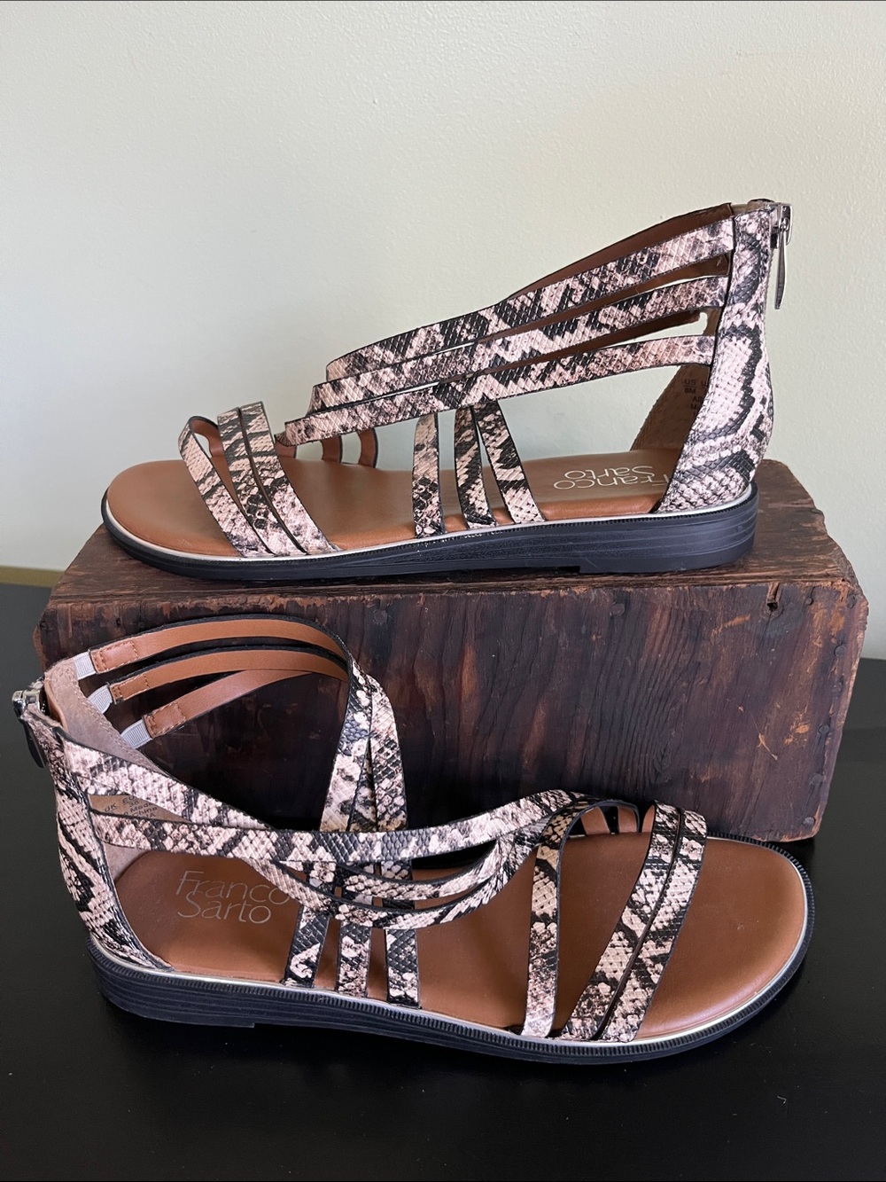 Franco Sarto Gaetana flat gladiator sandals in a natural snake print leather